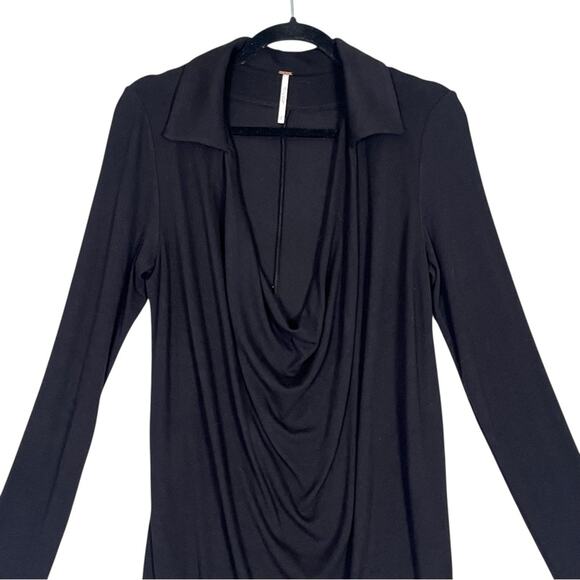 Free People Tessa Drape Neck Collared Dress Womens Small Black Mini Long Sleeve - Picture 5 of 11